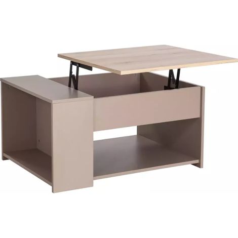 Table basse moderne relevable avec rangement chêne et beige ALOHANA (1/4)