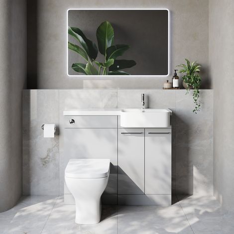 Napoli 250 Gloss Grey Pearl 1000mm 2 Door Vanity Unit Toilet Suite with Right Hand Round Rico Semi Recessed Basin - 1000mm - Chrome 160mm HandleWith Kingston Toilet Pan and Seat