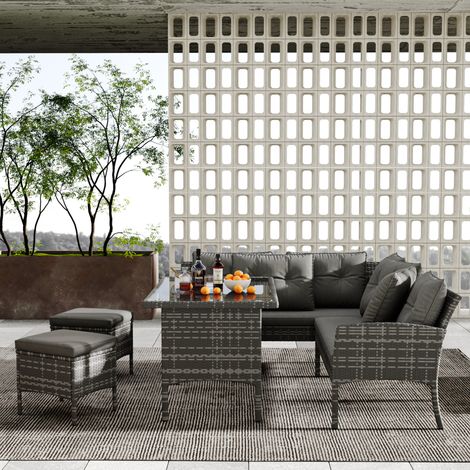 Set di mobili da giardino in PE rattan grigio con struttura in ferro, tavolo in vetro temperato, divani e sgabello con cuscini sfoderabili (1/5)