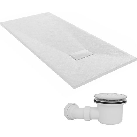 NRG 1500 x 700mm SMC White Rectangle Slate Effect Bathroom Shower Tray & Fluidmaster Fast Flow Waste Trap