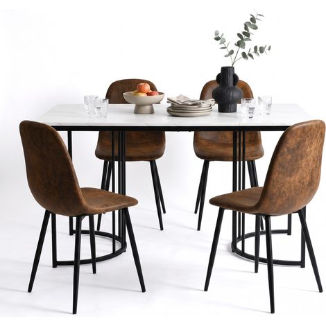 FurnitureR Essgruppe mit Tisch in Marmoroptik und 4 Stühlen Braun 140 cm Esstisch in Marmoroptik mit 4 bequemen Stühlen in Wildlederoptik für modernes Wohnen (1/5)