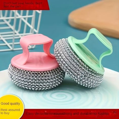 Ensemble 2 pièces : Boule à récurer en acier inoxydable avec poignée — Outil de nettoyage pour cuisine (anti-rayures)