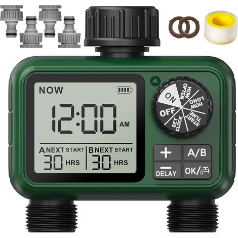 2 Way Watering Programmer, Large LCD Display, Automatic Watering for Garden, Programmable Irrigation, Simple Use, Rain Delay, Manual Watering Function (1/5)