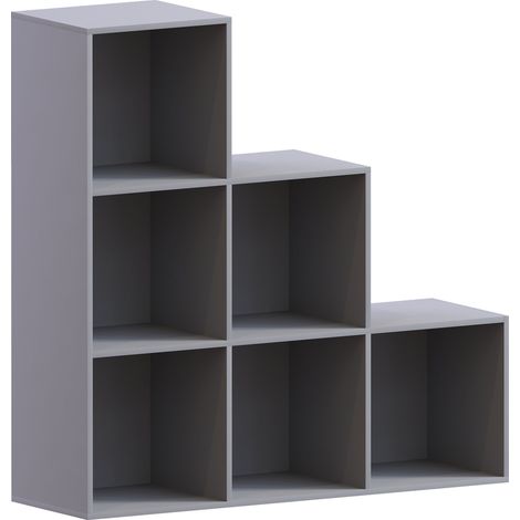 Durham 6 Cube Bookcase Staircase Shelf Wooden Display Storage Rack Free Standing Shelf Unit, Grey-3-White-Baskets
