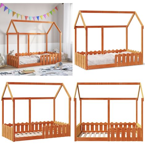 Cama con forma de casa de niños madera maciza marrón 80x160 cm - Cama de niños - Cama de casa