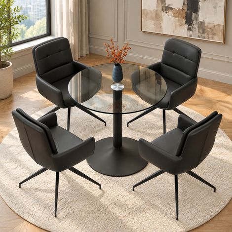 Set tavolo e 4 sedie da pranzo, rotondo in vetro temperato, nero e trasparente DESVIAE (1/5)