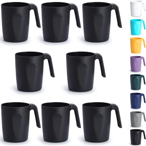 Set de 8 Gobelets, Poignées Intégrées, Plastique Noir, Micro-ondes, Lave-vaisselle, Maison Jardin Camping