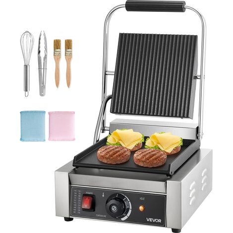VEVOR Gril Panini Electrique 1800 W, Machine a Panini avec Plaque Emaillee Plate de 22x23 cm, Appareil a Sandwich en Inox, avec Poignee et Controle de la Temperature, pour Hamburger, Steak, Cuisine