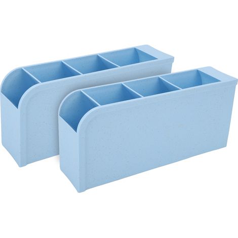 Petit porte-pinceaux bleu 2 pièces, support renforcé 4 fentes profondes, boîte de rangement stable pour bureau. (1/5)