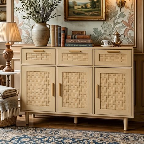 Creahappy Buffet Enfilade 108x40x80cm, 3 Portes Effet Rotin PVC et 3 Tiroirs, Grand Rangement Meuble Salon Salle à Manger, Chêne Clair (1/5)
