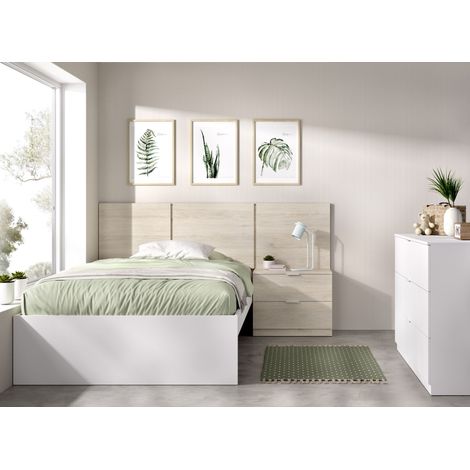 DEKIT GRUPO RIMOBEL BITO PACK - CONJUNTO DE CABEZAL CON MESITA DE 2 CAJONES, ARO DE CAMA 90X190 Y COMODA DE 3 CAJONES - BLANCO / NATURAL (1/5)