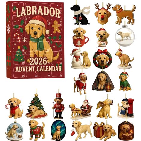 Calendrier de l'Avent Labrador 2026 - 24 décorations de sapin de Noël 2D en acrylique avec motif chien - Compte à rebours de 24 jours - Décoration de Noël unique et cadeau pour les amoureux des chiens (1/5)
