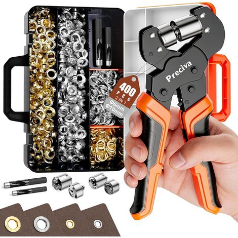 Kit de Perforation D'œillets, 6mm et 10mm Pinces à Oeillets Magnétique Kit, 400PCS Oeillets Complets Galvanisés à 2 Couleurs(Or/Argent), Mallette de Rangement Portable pour PVC, Bâche,Tissu (1/5)