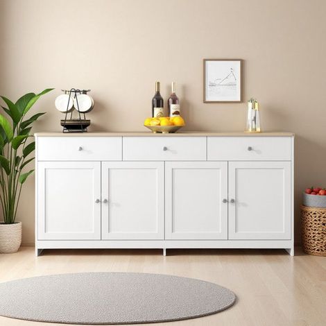 Buffet - Buffet 4 Puertas 3 Cajones - Blanco y tapa de roble - 160x75x37 cm - Rústico moderno