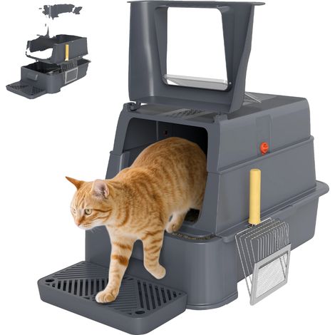 Arenero para gatos, tapa abatible de 180°, diseño de laterales altos, GRIS, 63 x 43 x 43 cm (1/2)