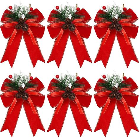Ribbon Bow - Red Buffalo Plaid - Polyester Velvet - With Pine Cones And Pine Needles - For Christmas Tree Wreath Decoration - 6 Pieces (1/5)