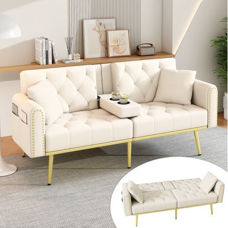 Sofá cama de 2 plazas con respaldo reclinable 3 posiciones, posavasos, terciopelo beige HAVRYA (1/5)