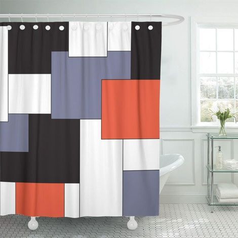 Rideau de Douche Imperméable, Tissu Ondulé Rayures Verticales Rouge Noir Blanc 72x72 Pouces (1/4)