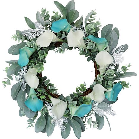 Guirnalda de flores artificiales, decoración de puerta con estampado floral artificial – blanco y azul, ratán sintético, 40 cm, decoración para el hogar y fiestas. (1/5)