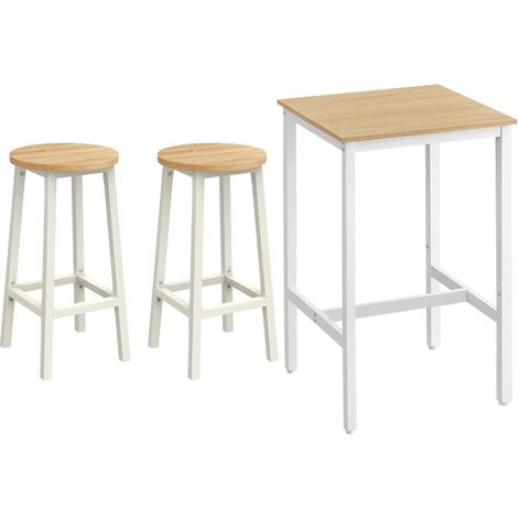 VASAGLE Ensemble Table Haute avec 2 Tabourets de Bar, Table de Bar Carrée, Table de Cuisine, Chaises de Bar, Chaise de Cuisine, Cadre en Métal, Montage Facile, Couleur Chêne Beige et Blanc (1/5)