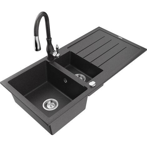 Mexen Andres fregadero de granito 1,5 senos con escurridor y grifo de cocina Savita, negro moteado - 6515-76-672601-76 (1/5)