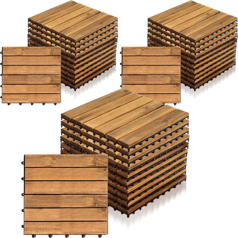 Randaco Lot de 33 dalles en bois dalles de terrasse 6 lattes 3 m², 30 x 30 cm, Dalles clipsables en bois d'acacia