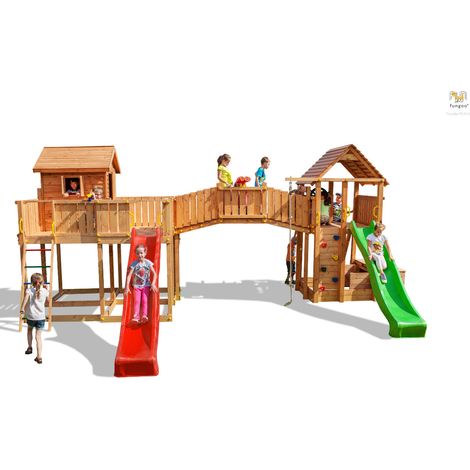 Fungoo Spielturm "Maxi Set Joyful Castle My Space XL Fortress Toybox Rainbow", teak, mit 2x Rutschen, 2x Spieltürmen, Verbindungsbrücke, Leiter, Kletterseil und Kletterwand