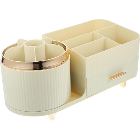 Boîte de rangement rotative pour maquillage avec porte-pinceaux, grande capacité, pour coiffeuse, blanc crème