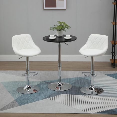 Juego de 2 taburetes de bar de altura regulable, base de metal y asiento de piel sintética, modernos taburetes altos giratorios con respaldo y reposapiés, 46x48x83-104cm, blanco. (1/5)
