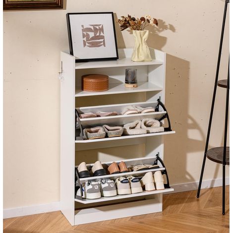 GOPLUS Meuble Chaussures avec 2 Tiroirs Rabattable, Etagere Chaussure Indépendante avec Compartiment Ouvert, Étagères Réglables et Amovibles, Rangement Étroit pour Entrée, Couloir et Salon (Blanc) (1/5)