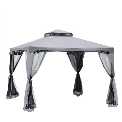 3 x 3 m Metal Gazebo, Garden Pavillion, Double Roof Outdoor Canopy Shelter with Mesh Sidewalls, Grey
