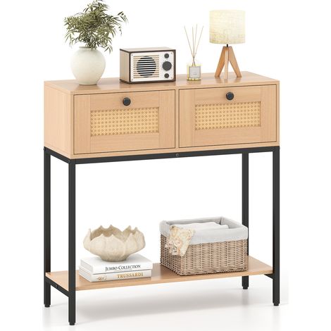COSTWAY 80 CM Boho Console Table 2-Tier Modern Narrow Entryway Table-Natural (1/5)