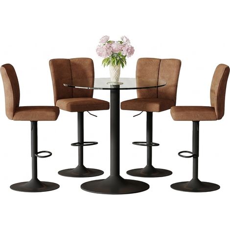 Ensemble table à manger ronde avec 4 chaises, diamètre 100 cm, plateau aspect bois et verre, sièges marron, pieds métal noir (1/5)