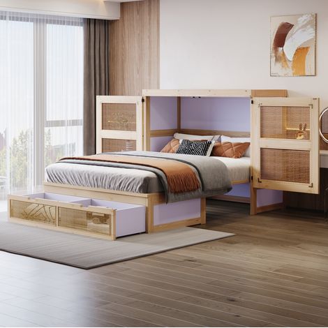 Cama Doble 140x200 Cm Estructura Abatible Cajones Color Madera Natural (1/5)