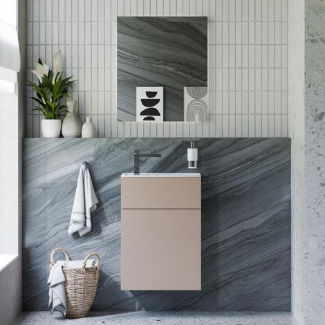 BERNSTEIN - Ensemble meuble vasque Gris mat 50x26x72cm, Lavabo fonte minérale Blanc mat + Miroir LED dimmable 60x70cm (LxH) - KONDA (1/5)