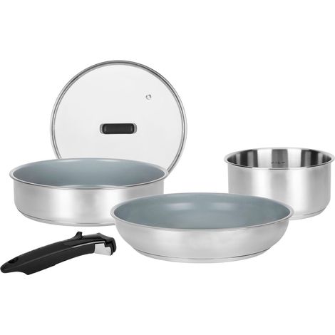 Batterie de Cuisine inox 5 pcs : 1 manche amovible, 1 casserole Ø18cm, 1 Poêle Ø28cm, 1 Sauteuse Ø24cm, 1 Couv verre - Revêtement Antiadhésif Sain en Céramique - Tous feux dont induction (1/5)