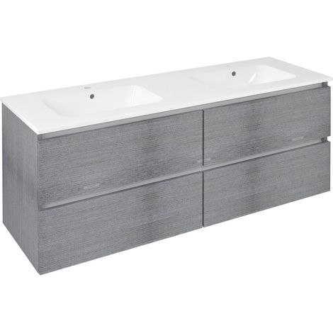 Meuble sous-vasque double EZARA 140x55x46cm, chêne argenté (1/4)