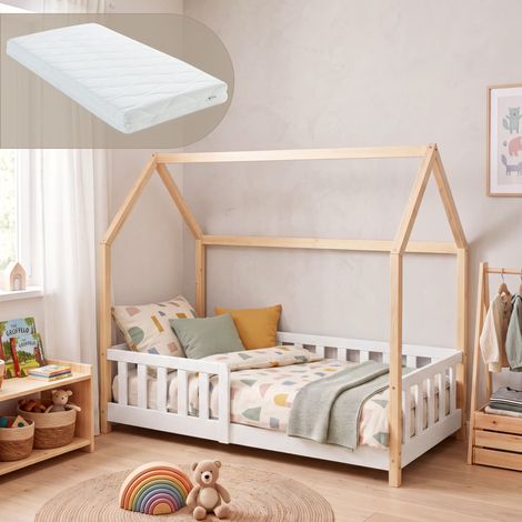 Hausbett Hesel mit Matratze und Rausfallschutz 80x160 cm Weiß/Natur [en.casa] (1/5)