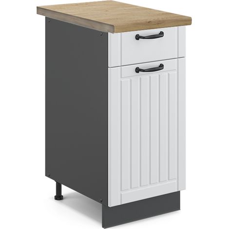 Küchenunterschrank Fame-Line, Weiß Landhaus, 40 cm , AP Eiche, Vicco
