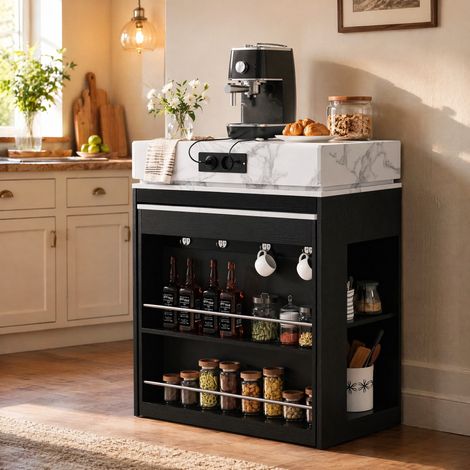 Tavolo da cucina estensibile con ruote, piano ribaltabile, prese e ganci, nero OKMYHOME (1/5)
