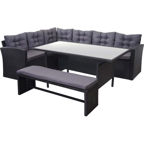 Set completo di mobili da giardino terrazza balcone veranda in polyrattan nero cuscino grigio scuro con panca 040003045