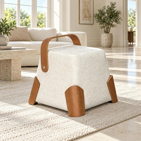 Pouf design blanc avec poignée en bois IENA (1/5)