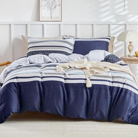 Bettwäsche Set 240x260 cm Mikrofaser Boho Streifen Blau/Weiß 3-teilig