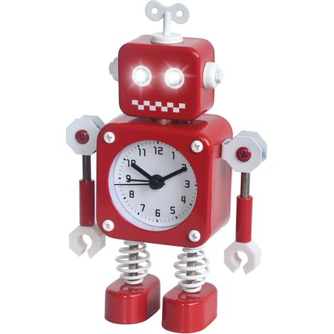 Réveil robot, réveil silencieux en métal inoxydable avec yeux lumineux clignotants et bras rotatif, cadeau pour enfants (rouge) (1/5)