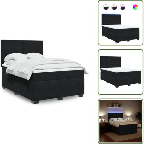 The Living Store Boxspringbett mit Matratze Schwarz 140x200 cm Samt - Boxspringbett - Doppelbett - Samtbett - Led Beleuchtung - Höhenverstellbares Kopfteil (1/5)