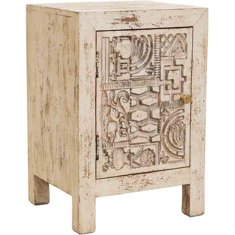 Mesita de noche de madera tallada artesanal beige 40x35x60h cm