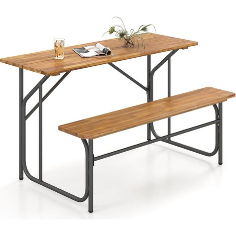 COSTWAY Set Tavolo e Panca a 2 Posti, Tavolo da Picnic con Seduta Laterale in Legno di Acacia, Gambe in Metallo, Mobili da Pranzo da Esterno Robusti per Balcone, Giardino, Piscina, Cortile (1/5)