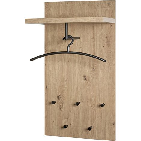 Garderobe murale, patère murale en bois coloris chêne clair et métal noir -longueur 48 x profondeur 31 x hauteur 90 cm