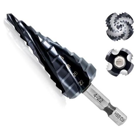 Foret Étagé Metal,Cobalt HSS M35 Ø 4-22 mm avec Revêtement AlTiN et Queue Hexagonale Rapide - Fraise Étagée Multimatériaux (Acier Inoxydable, Métal, Aluminium, Cuivre, Bois, Plastique) 4-22mm (1/5)