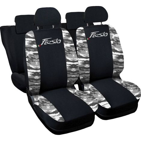 Lupex shop - Coprisedili Auto Compatibili per Fiesta, Made In Italy, anteriori e posteriori con copri poggiatesta incluso, tessuto poliestere, Nero - Mimetico Chiaro (1/4)